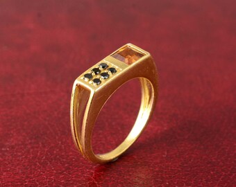 Handmade Brass Ring: Citrine & Black Onyx, Geometric Statement Jewelry