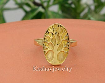 Handmade Brass Tree of Life Ring: Gold Tone Oval Design