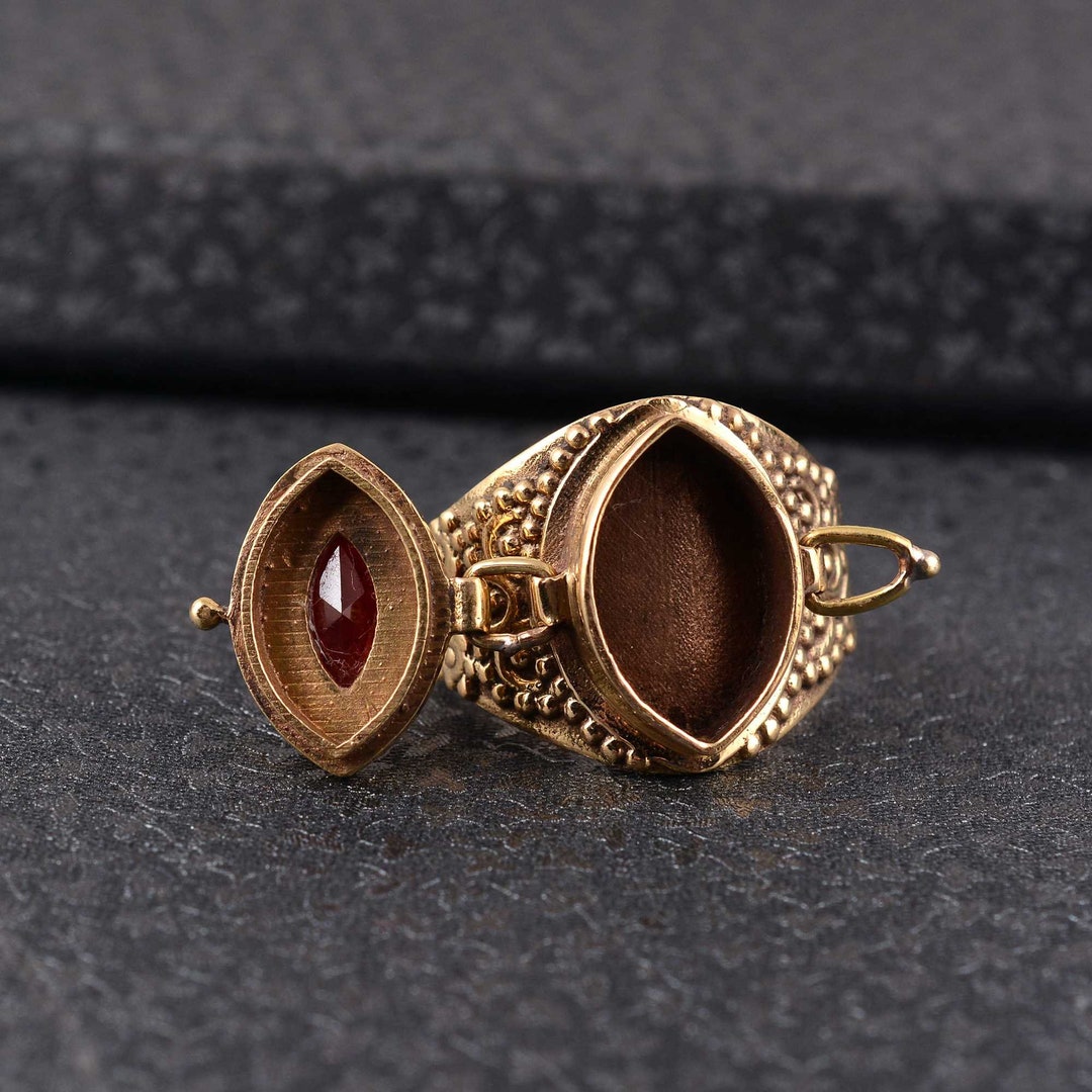 Handmade Brass Poison Ring | Red Gemstone Secret Locket - Etsy