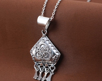 Handmade Ethnic Silver Pendant Necklace: Tribal Boho Jewelry