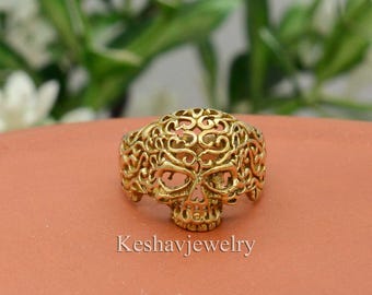 Gold Skull Ring: Gothic Filigree Brass Jewelry