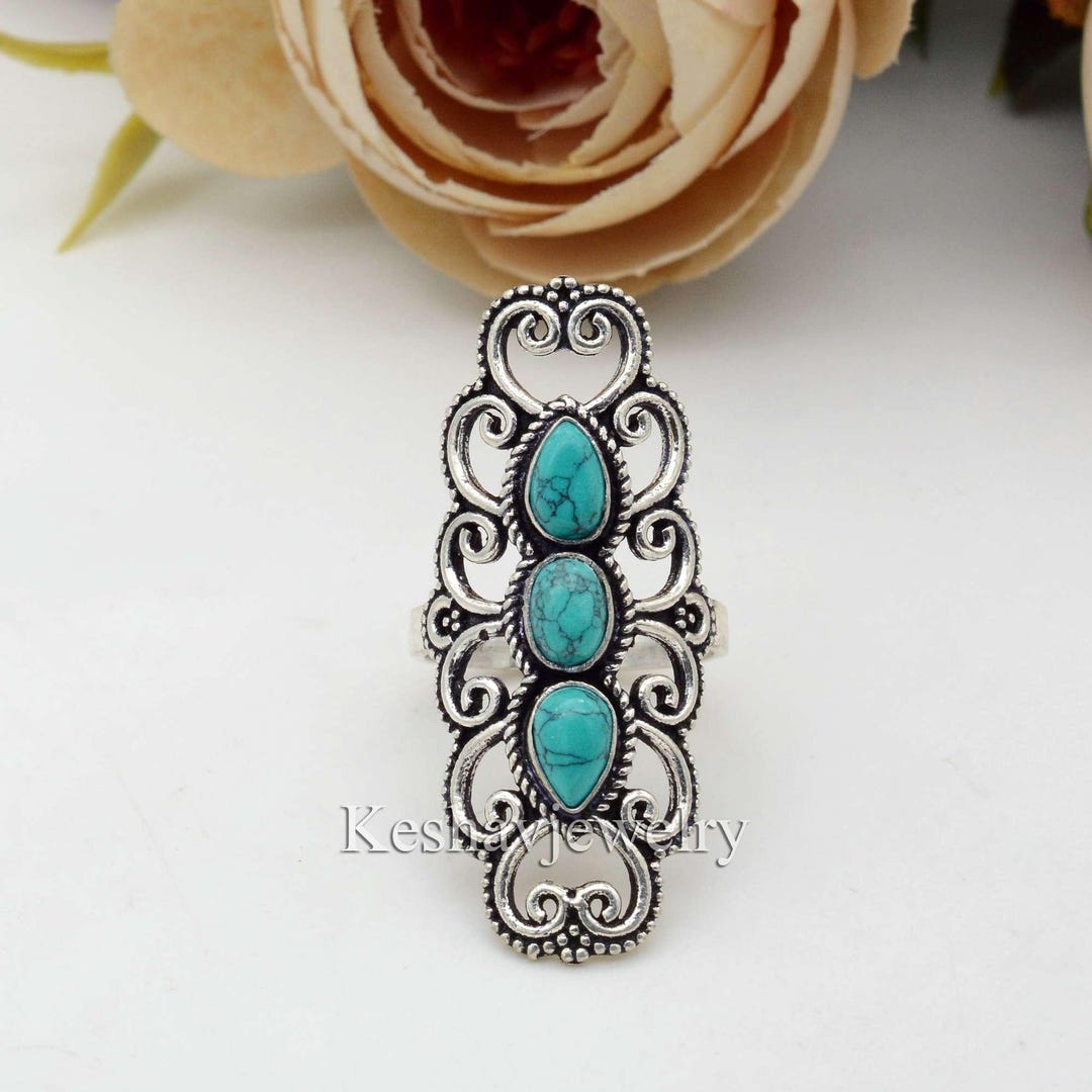 Long Turquoise Statement Ring: Sterling Silver Filigree, Boho Jewelry ...