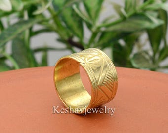 Handmade Wide Brass Band Ring: Tribal Geometric Etched Adjustable Ring