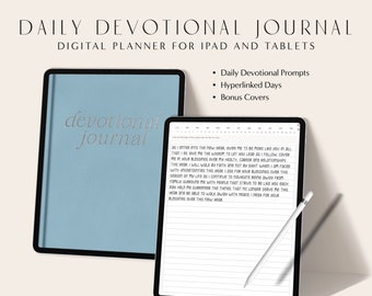 May include: A digital planner for iPad and tablets with a blue cover that says "devotional journal". The planner includes daily devotional prompts, hyperlinked days, and bonus covers. The image shows a close-up of the planner on a white background.