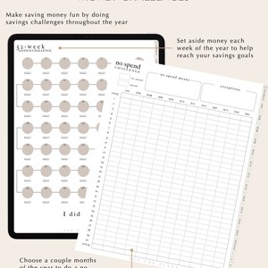 May include: A printable digital planner for tracking a 52-week savings challenge. The planner includes a chart with circles to track weekly savings goals and a grid to track a no-spend challenge for each month of the year. The text "52-week savings challenge" and "no spend challenge" is included in the image.