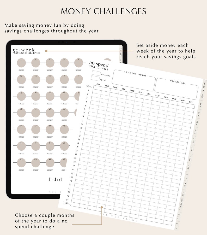 May include: A printable digital planner for tracking a 52-week savings challenge. The planner includes a chart with circles to track weekly savings goals and a grid to track a no-spend challenge for each month of the year. The text "52-week savings challenge" and "no spend challenge" is included in the image.