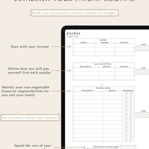 May include: A printable worksheet titled "Establish Your Payday Routine" with instructions to build a routine instead of a budget. The worksheet includes sections for income, pay yourself first, baseline needs, and remaining money for goals.