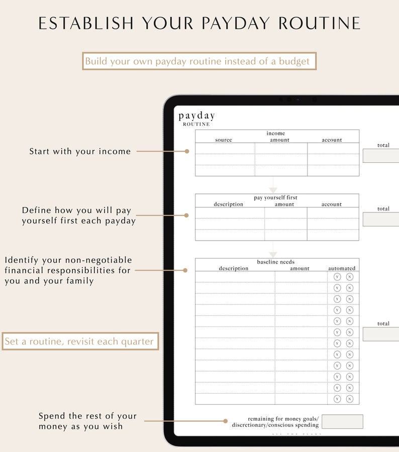 May include: A printable worksheet titled "Establish Your Payday Routine" with instructions to build a routine instead of a budget. The worksheet includes sections for income, pay yourself first, baseline needs, and remaining money for goals.