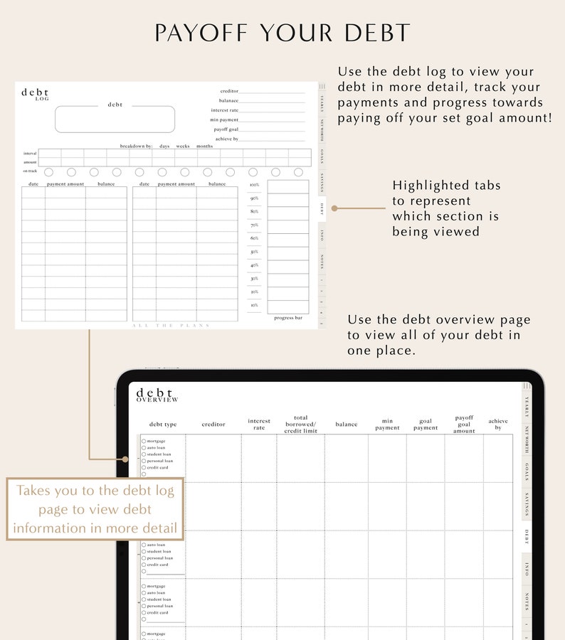 May include: A printable debt log and overview page to help you track your debt, payments, and progress towards paying off your debt. The log includes sections for creditor, interest rate, total borrowed, balance, minimum payment, goal payment, payoff amount, and achieve by. The overview page includes sections for debt type, creditor, interest rate, total borrowed, balance, minimum payment, goal payment, payoff amount, and achieve by.
