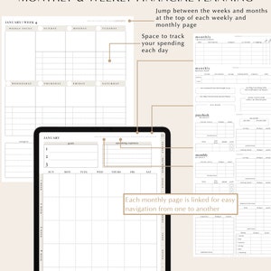 May include: A digital planner for tracking monthly and weekly finances. The planner includes sections for goals, spending, income, and budget. The planner is designed to help users manage their finances and track their progress.