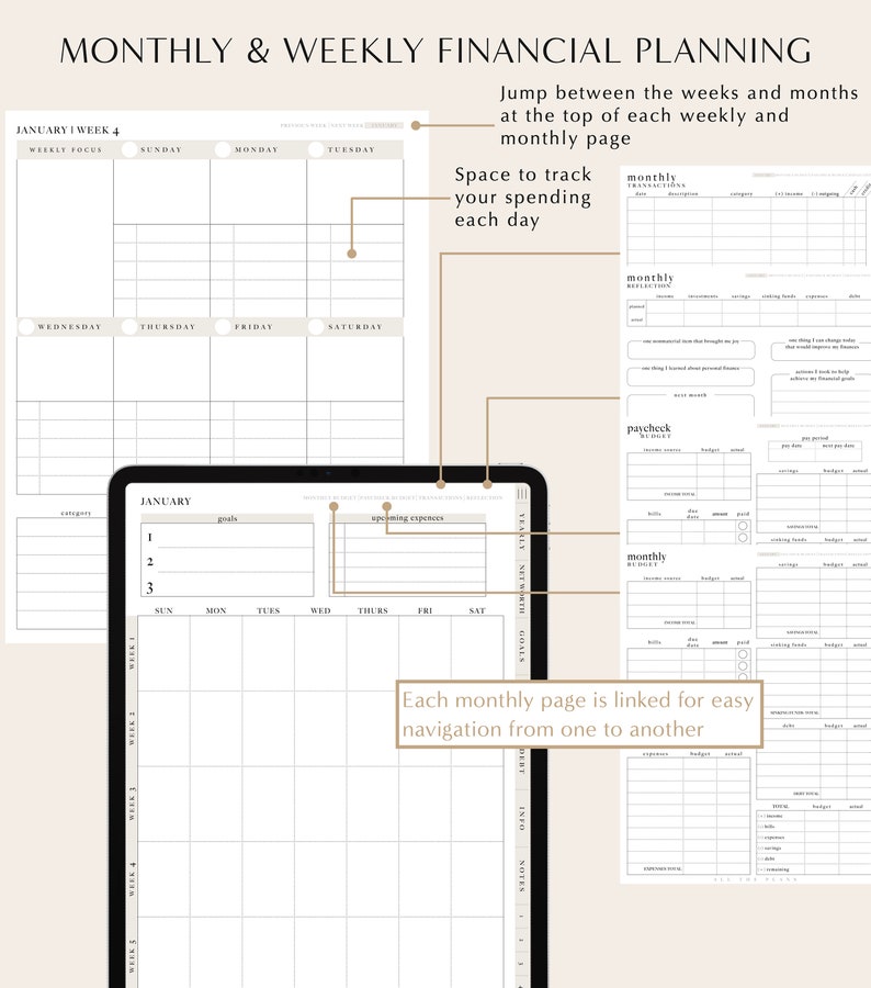 May include: A digital planner for tracking monthly and weekly finances. The planner includes sections for goals, spending, income, and budget. The planner is designed to help users manage their finances and track their progress.