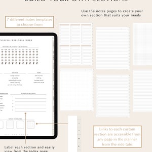 May include: A digital planner app interface with the text "BUILD YOUR OWN SECTIONS" and "7 different notes templates to choose from". The app shows a financial wellness index with sections for savings, debt, and personal sections. The app also shows a side tab with numbers 1 through 5.