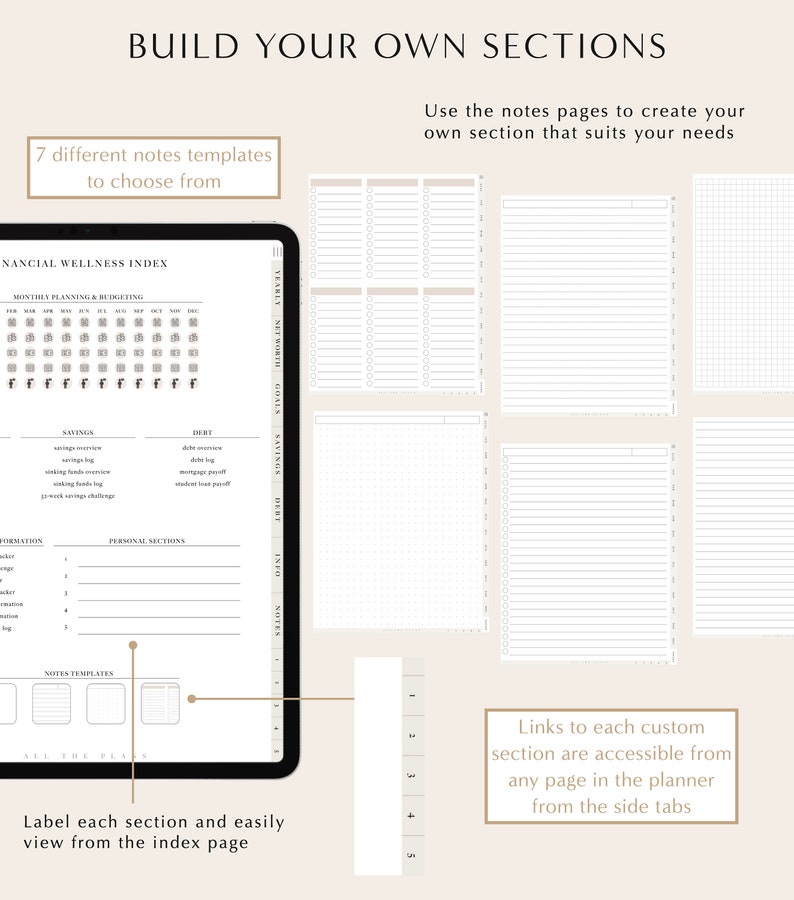 May include: A digital planner app interface with the text "BUILD YOUR OWN SECTIONS" and "7 different notes templates to choose from". The app shows a financial wellness index with sections for savings, debt, and personal sections. The app also shows a side tab with numbers 1 through 5.