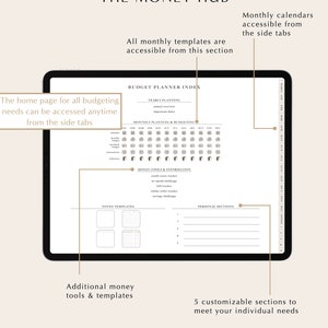 May include: A digital planner template for managing finances. The template includes sections for yearly planning, monthly budgeting, money tools and information, notes, and personal sections. The template is designed to help users track their spending, save money, and achieve their financial goals.