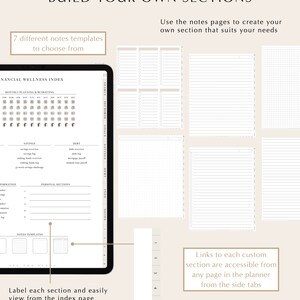 May include: A digital planner app interface with the text "BUILD YOUR OWN SECTIONS" and "7 different notes templates to choose from". The app shows a financial wellness index with sections for savings, debt, and personal sections. The app also shows a side tab with numbers 1 through 5.