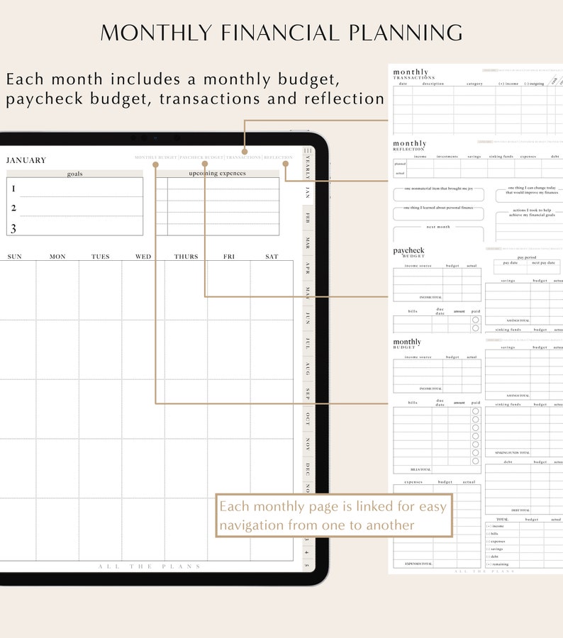 May include: A monthly financial planning template with a calendar, budget tracker, and reflection sections. The template is designed for use with a digital planner or tablet. The template includes sections for goals, upcoming expenses, monthly transactions, paycheck budget, and monthly budget.