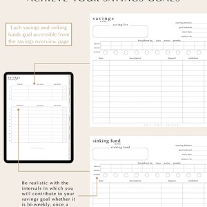 May include: A printable worksheet for tracking savings goals. The worksheet includes sections for savings log, sinking fund log, and a breakdown of how to achieve savings goals. The worksheet is designed to help people achieve their financial goals.