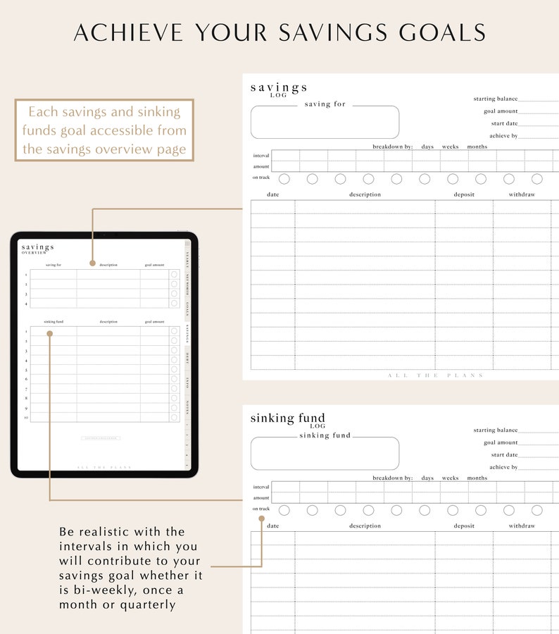 May include: A printable worksheet for tracking savings goals. The worksheet includes sections for savings log, sinking fund log, and a breakdown of how to achieve savings goals. The worksheet is designed to help people achieve their financial goals.
