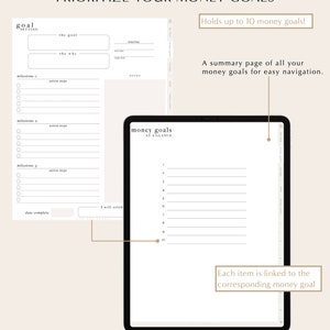 May include: A printable worksheet for setting and tracking money goals. The worksheet includes sections for the goal, why, milestones, action steps, timeline, notes, and a date to celebrate completion. The worksheet also includes a summary page with space to list up to 10 money goals.