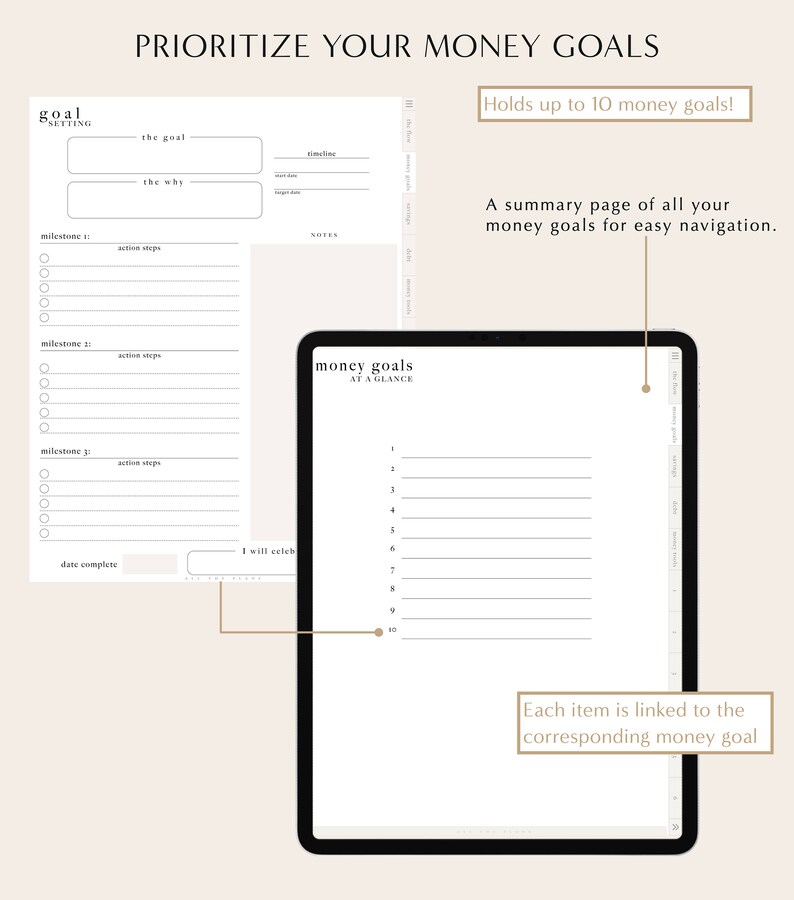May include: A printable worksheet for setting and tracking money goals. The worksheet includes sections for the goal, why, milestones, action steps, timeline, notes, and a date to celebrate completion. The worksheet also includes a summary page with space to list up to 10 money goals.