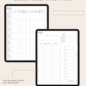 May include: A printable debt payoff planner with two pages. The first page is a debt overview with columns for debt type, creditor, interest rate, total borrowed, balance, minimum payment, goal payment, payoff goal, and achieve by. The second page is a debt log with columns for date, payment amount, and balance. The second page also includes a progress bar.