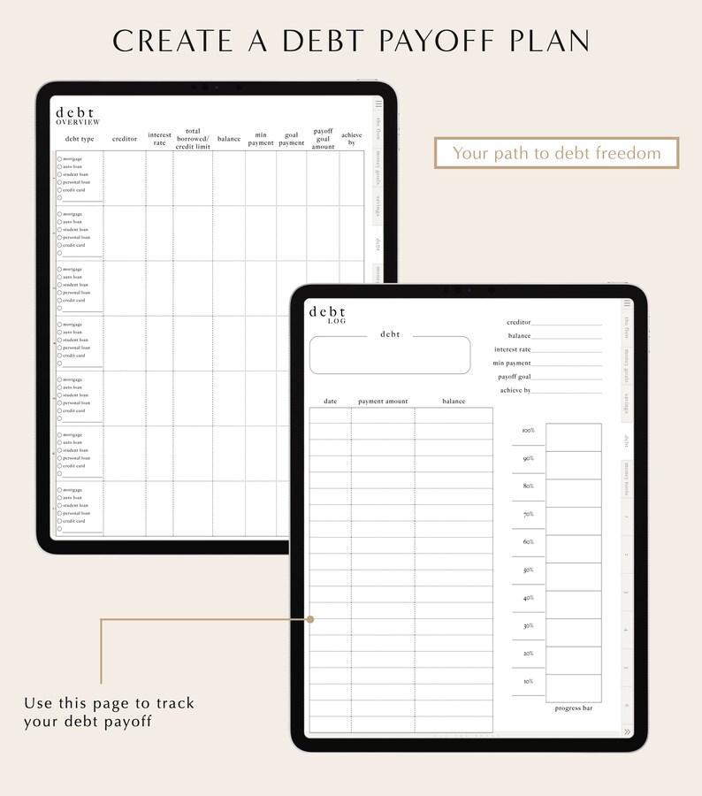 May include: A printable debt payoff planner with two pages. The first page is a debt overview with columns for debt type, creditor, interest rate, total borrowed, balance, minimum payment, goal payment, payoff goal, and achieve by. The second page is a debt log with columns for date, payment amount, and balance. The second page also includes a progress bar.