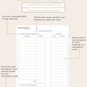 May include: A printable worksheet to help you build an emergency fund. The worksheet includes sections for listing non-negotiable living expenses, defining how many months your emergency fund will cover, and tracking your progress towards funding your emergency fund.