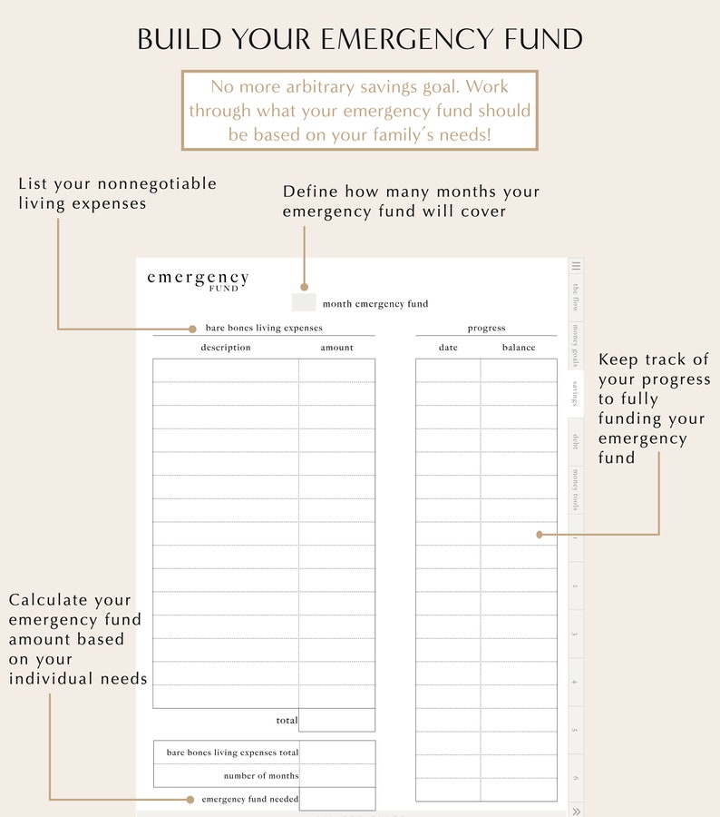 May include: A printable worksheet to help you build an emergency fund. The worksheet includes sections for listing non-negotiable living expenses, defining how many months your emergency fund will cover, and tracking your progress towards funding your emergency fund.