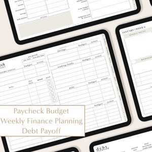 May include: A black and white printable budget planner with the text "Paycheck Budget Weekly Finance Planning Debt Payoff". The planner includes sections for savings, sinking funds, debt, and bills.