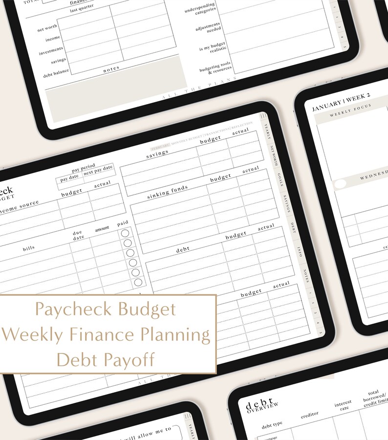 May include: A black and white printable budget planner with the text "Paycheck Budget Weekly Finance Planning Debt Payoff". The planner includes sections for savings, sinking funds, debt, and bills.