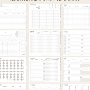 May include: A set of printable money management templates. The templates include sections for budgeting, tracking spending, saving, and net worth. The templates are designed to help people manage their finances.