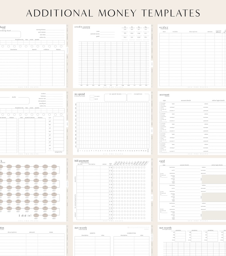 May include: A set of printable money management templates. The templates include sections for budgeting, tracking spending, saving, and net worth. The templates are designed to help people manage their finances.