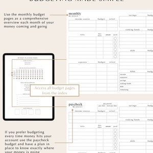 May include: A printable budgeting planner with a black and white design. The planner includes sections for monthly budget, paycheck budget, and a budget planner index. The text "BUDGETING MADE SIMPLE" is at the top of the page.