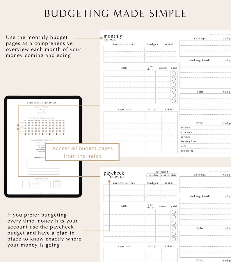 May include: A printable budgeting planner with a black and white design. The planner includes sections for monthly budget, paycheck budget, and a budget planner index. The text "BUDGETING MADE SIMPLE" is at the top of the page.