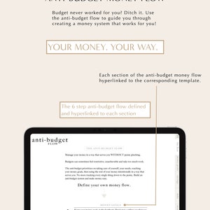 May include: A screenshot of a computer screen showing a website with the text "Anti-Budget Money Flow" and "Define your own money flow." The website is about a system for managing money without budgeting.