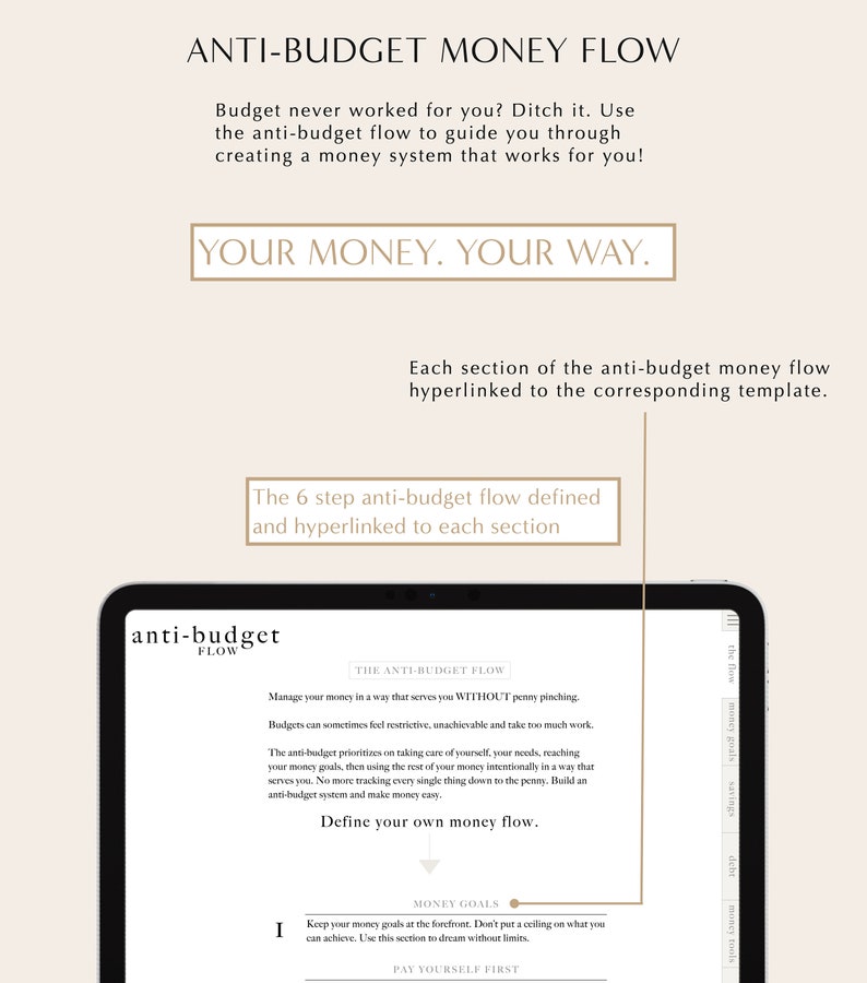 May include: A screenshot of a computer screen showing a website with the text "Anti-Budget Money Flow" and "Define your own money flow." The website is about a system for managing money without budgeting.
