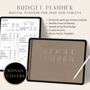 May include: A digital budget planner app displayed on an iPad with a brown leather-like cover. The app features a monthly budget tracker, paycheck budget, and custom sections. The text "BUDGET PLANNER" is displayed in gold lettering on the iPad screen.