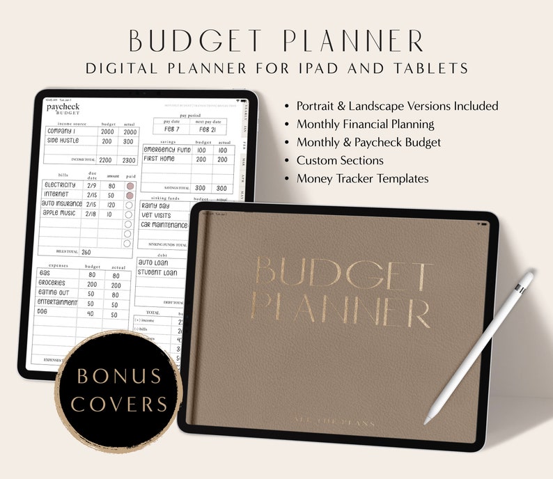 May include: A digital budget planner app displayed on an iPad with a brown leather-like cover. The app features a monthly budget tracker, paycheck budget, and custom sections. The text "BUDGET PLANNER" is displayed in gold lettering on the iPad screen.