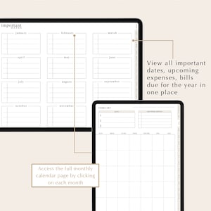 May include: A digital planner template for keeping track of important dates, expenses, and bills. The template includes a year-at-a-glance calendar with monthly tabs and a weekly calendar view. The template is designed to help users stay organized and on top of their commitments.