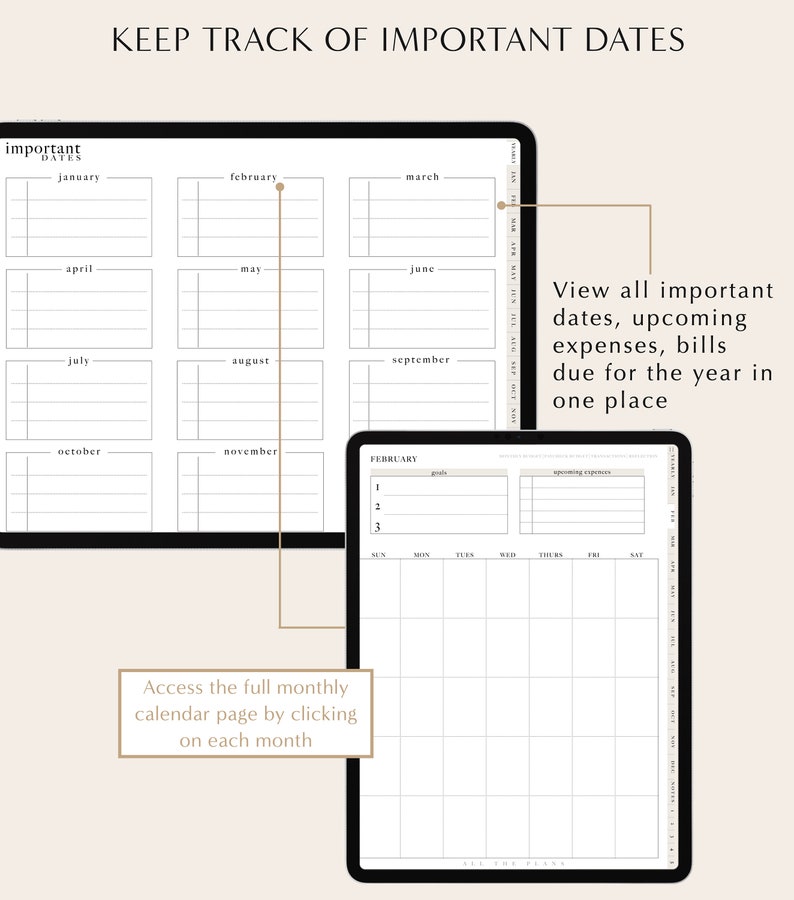 May include: A digital planner template for keeping track of important dates, expenses, and bills. The template includes a year-at-a-glance calendar with monthly tabs and a weekly calendar view. The template is designed to help users stay organized and on top of their commitments.