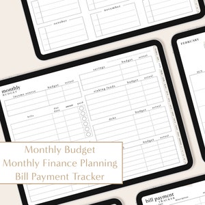 May include: A black and white printable budget planner on a tablet screen. The planner includes sections for monthly income, bills, savings, sinking funds, and debt. The planner also includes a bill payment tracker.