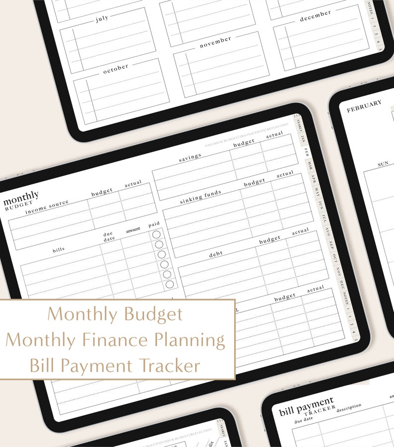 May include: A black and white printable budget planner on a tablet screen. The planner includes sections for monthly income, bills, savings, sinking funds, and debt. The planner also includes a bill payment tracker.