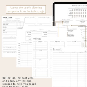 May include: A black and white printable planner page with the title "Annual Finance Planning". The page includes sections for past year reflection, financial wellness rating, yearly planning, savings overview, and financial responsibilities.