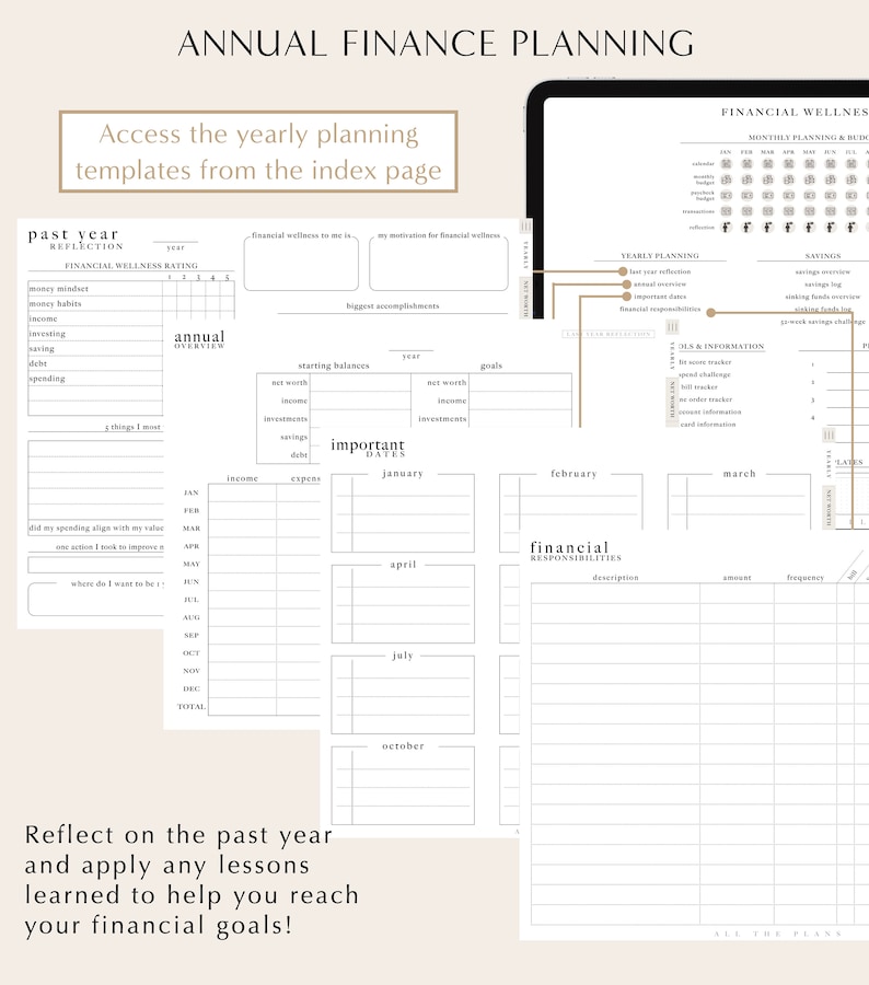May include: A black and white printable planner page with the title "Annual Finance Planning". The page includes sections for past year reflection, financial wellness rating, yearly planning, savings overview, and financial responsibilities.