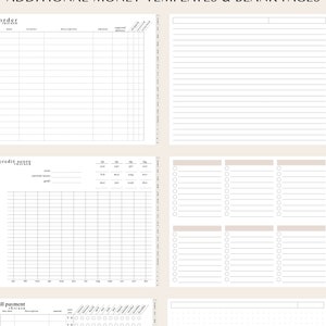 May include: A printable PDF with four pages of money templates and blank pages. The templates include a credit score tracker, a bill payment tracker, an order tracker, and a blank page with lines and circles.