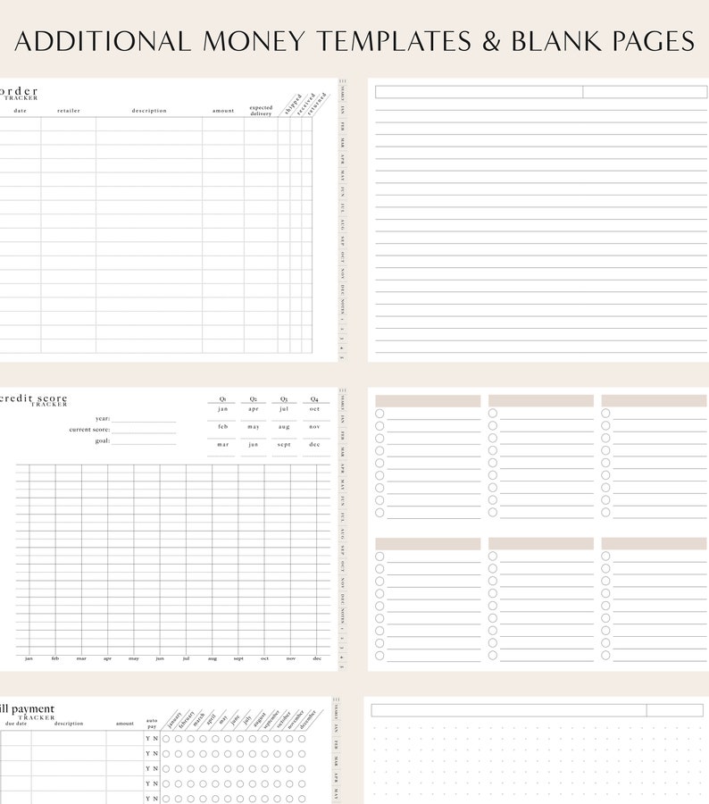 May include: A printable PDF with four pages of money templates and blank pages. The templates include a credit score tracker, a bill payment tracker, an order tracker, and a blank page with lines and circles.