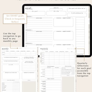 May include: A black and white printable planner page with the title "Achieve Your Financial Goals". The page is divided into sections for setting goals, tracking progress, and reflecting on financial habits. The page includes sections for monthly and quarterly reflections, as well as a budget evaluation section.