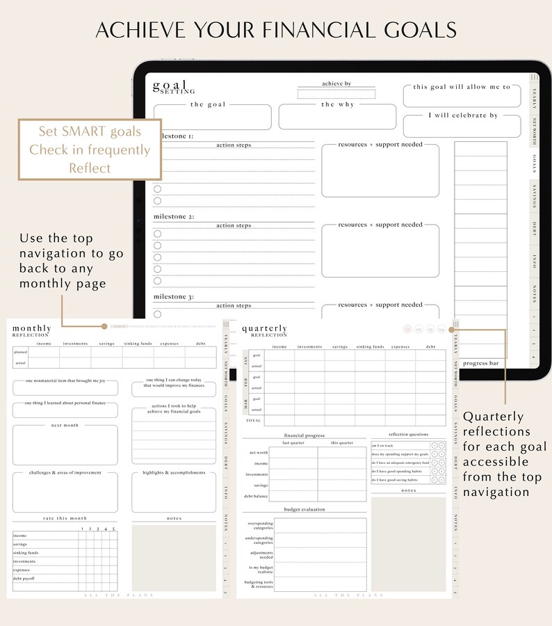 May include: A black and white printable planner page with the title "Achieve Your Financial Goals". The page is divided into sections for setting goals, tracking progress, and reflecting on financial habits. The page includes sections for monthly and quarterly reflections, as well as a budget evaluation section.