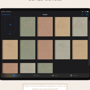 May include: A screenshot of a tablet screen showing a selection of 12 different planner covers. The covers are displayed in a grid format and feature various designs and text, including "Anti Budget Planner", "Money Planner", and "My Money My Way".