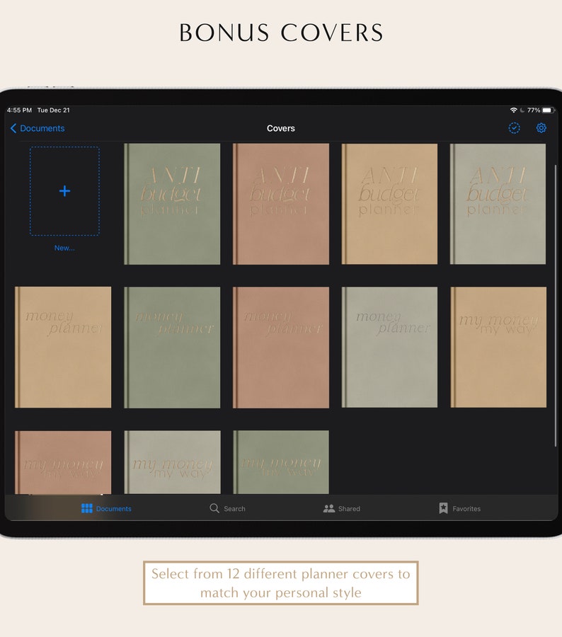 May include: A screenshot of a tablet screen showing a selection of 12 different planner covers. The covers are displayed in a grid format and feature various designs and text, including "Anti Budget Planner", "Money Planner", and "My Money My Way".